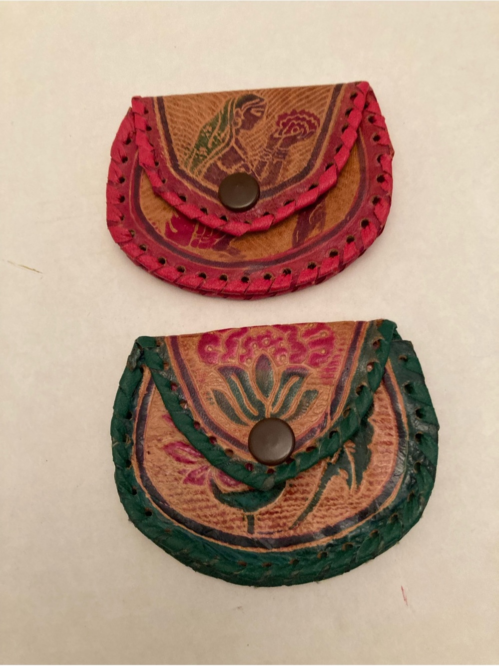 Set of Handcrafted Leather Coin Pouch - Pink and Green